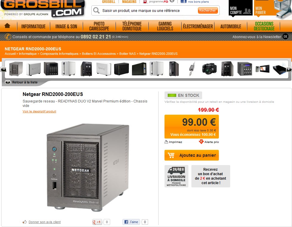grosbill Netgear RND2000-200EUS grosbill Netgear RND2000 200EUS NAS 2 baies pas cher