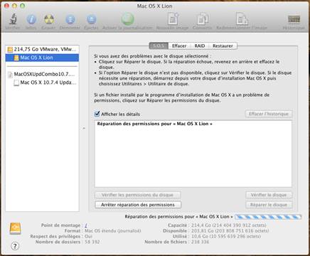 reparation permission disque reparation permission disque VMware Mac OS X 10.7.4 sur PC